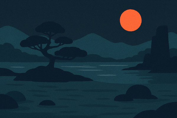 A zen pixelated night image with a tree in the foreground, mountains in the background.